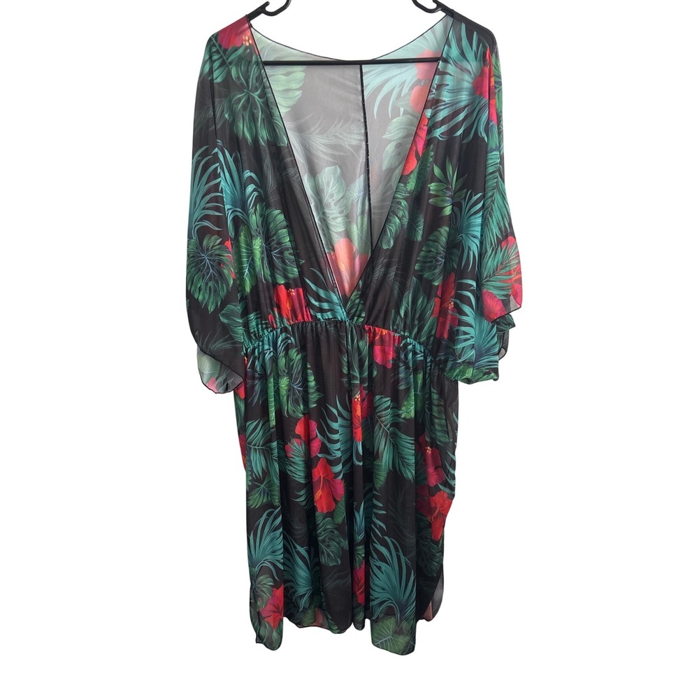 Plus Size Tropical Hibiscus Beach Cover Up | Boho V-Neck Chiffon Resort Kaftan